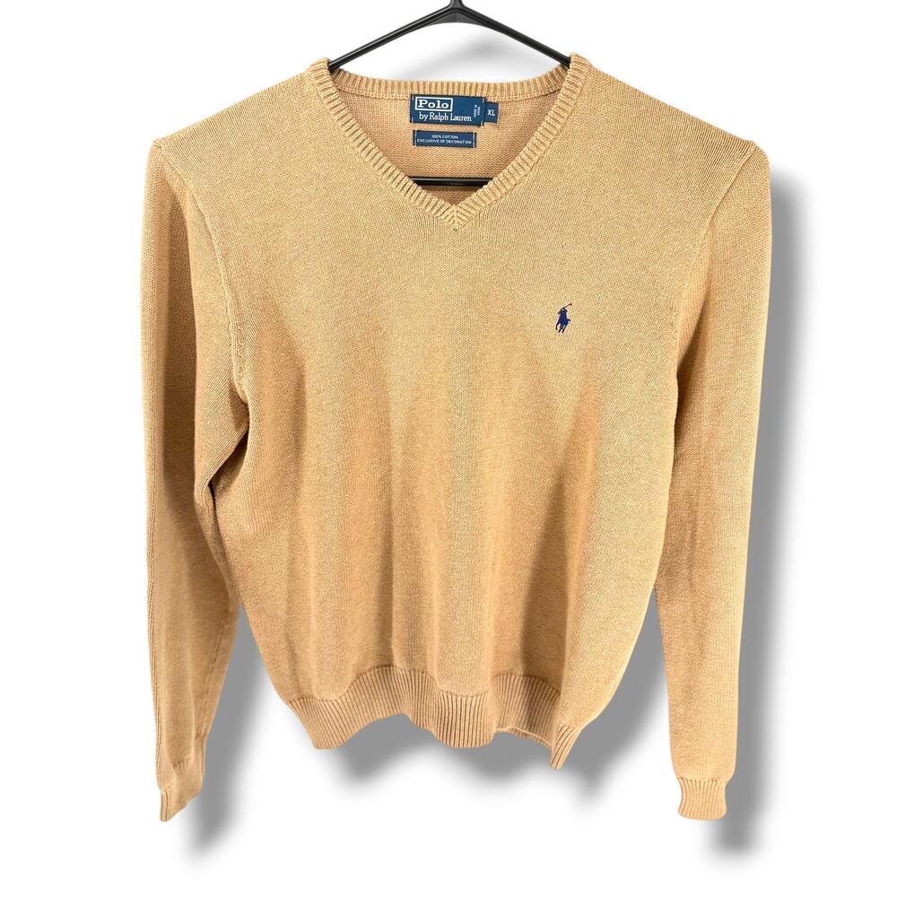 Polo Ralph Lauren Men's V-Neck Sweater XL‎ Camel Tan 100% Cotton Pony Logo
